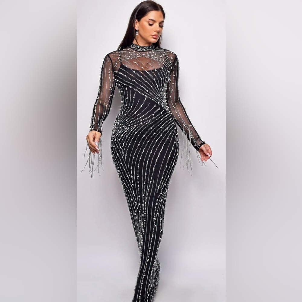 Emprada Emilliana Pearl Rhinestone Sheer Maxi 
Formal Party Dress NEW